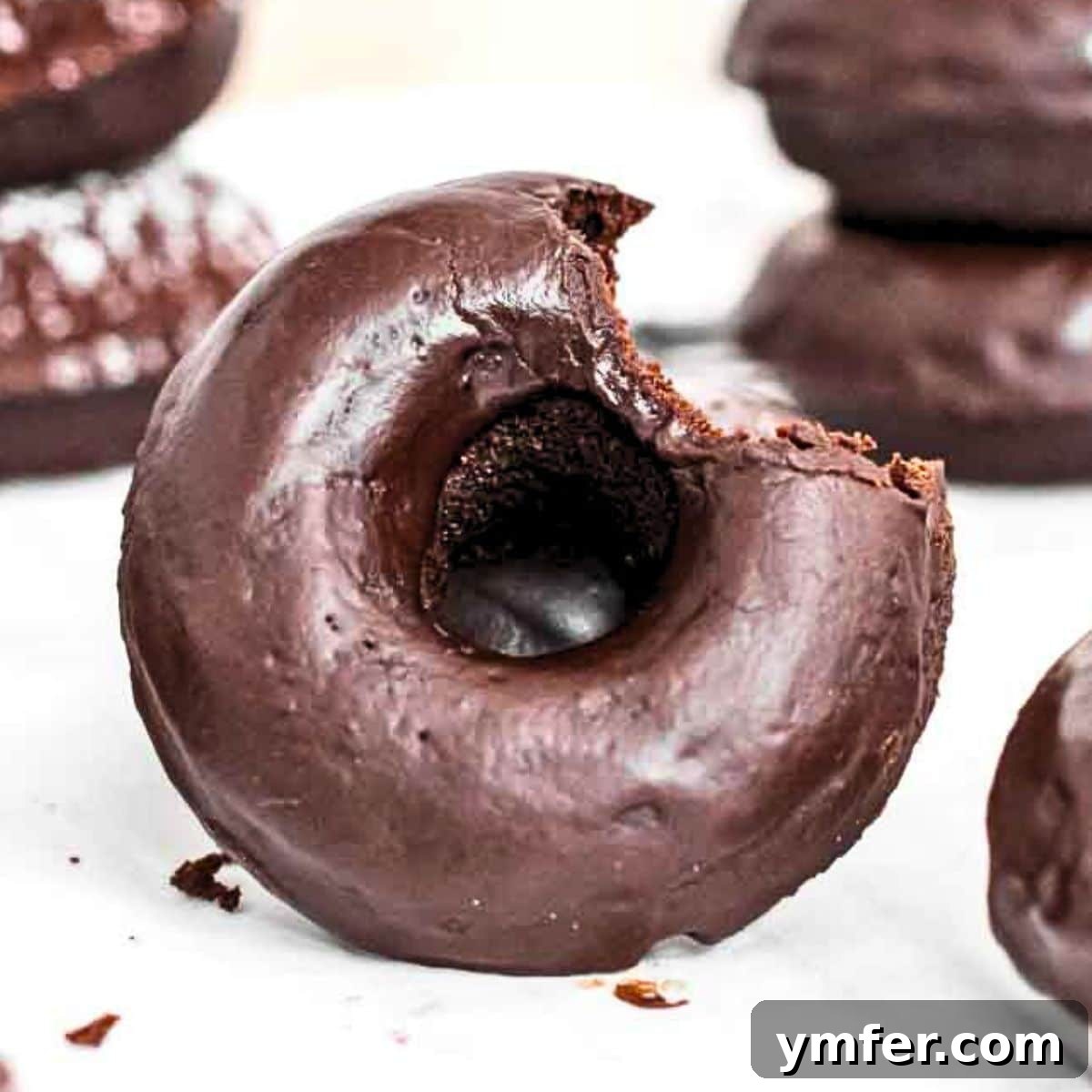 30 Delectable Picnic Recipes 25 Easy and delicious chocolate donuts with a bite taken out, showing their soft texture.
