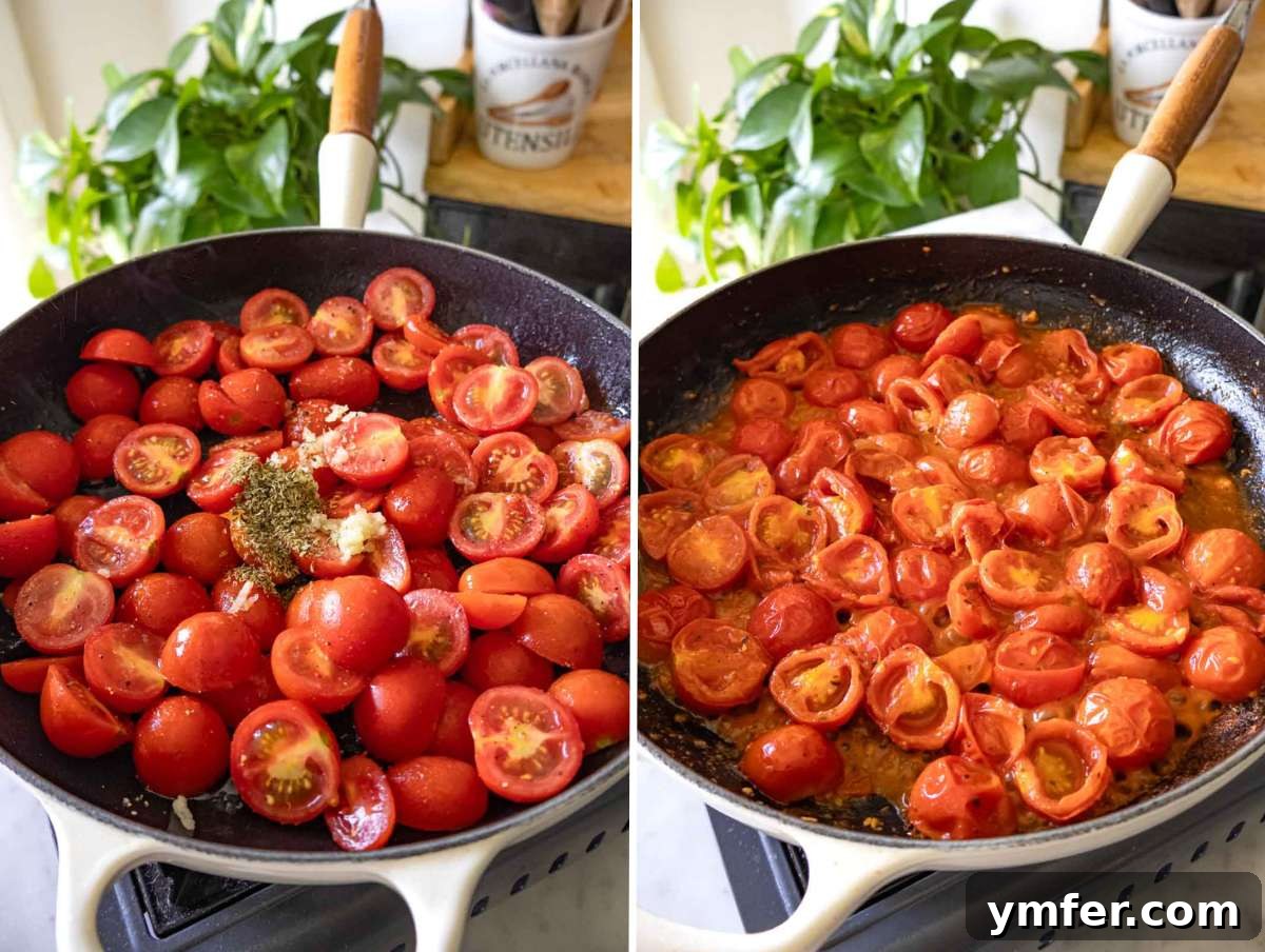 Creamy Butter Beans 6 Sautéed cherry tomatoes in olive oil with garlic and herbs, bubbling in a hot skillet, creating a rich sauce.