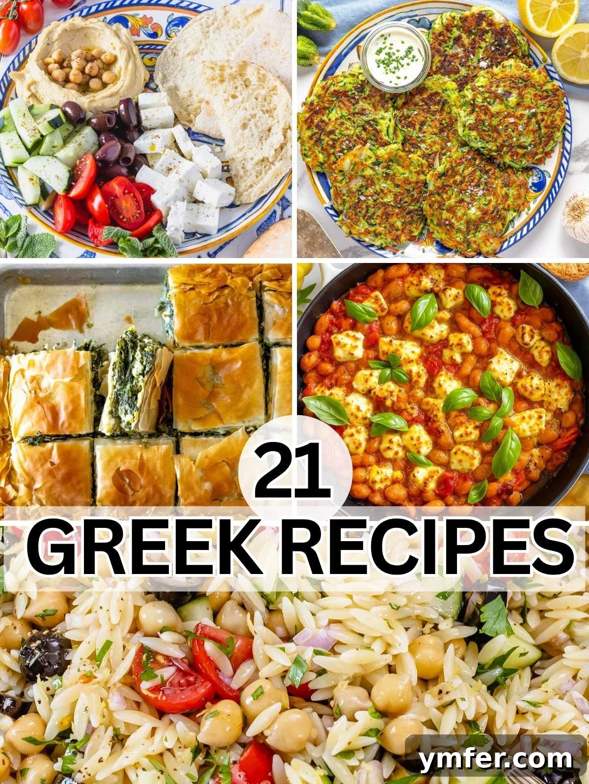 21 Greek Kitchen Classics 2 A vibrant spread of Greek recipes including dips, salads, and main dishes, perfect for any occasion.