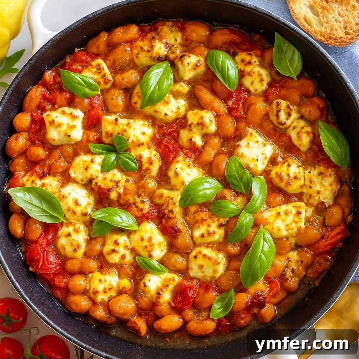 21 Greek Kitchen Classics 10 Saucy butter beans in a skillet with vibrant cherry tomatoes and crumbled feta, topped with fresh basil.