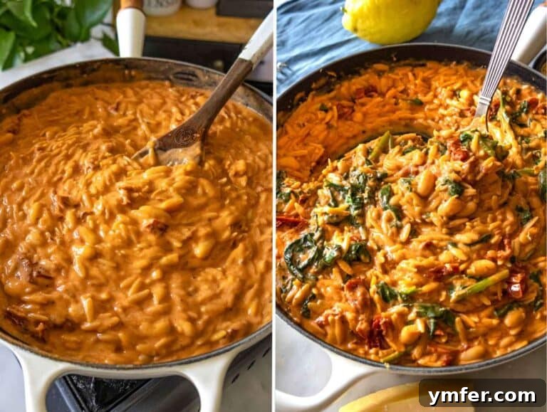 Say Yes To This Orzo 14 Spinach wilting into creamy orzo with parmesan melting in skillet