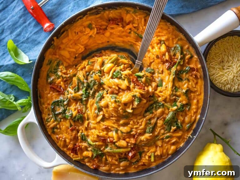 Say Yes To This Orzo 15 Creamy marry me orzo in a skillet with a spoon.