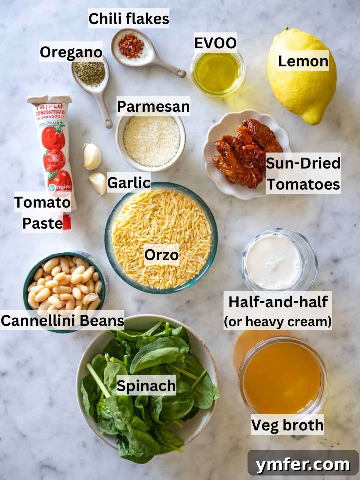 Say Yes To This Orzo 4 All the fresh and pantry ingredients for Marry Me Orzo, including dry orzo, a can of beans, and fresh spinach, arranged neatly on a kitchen counter.