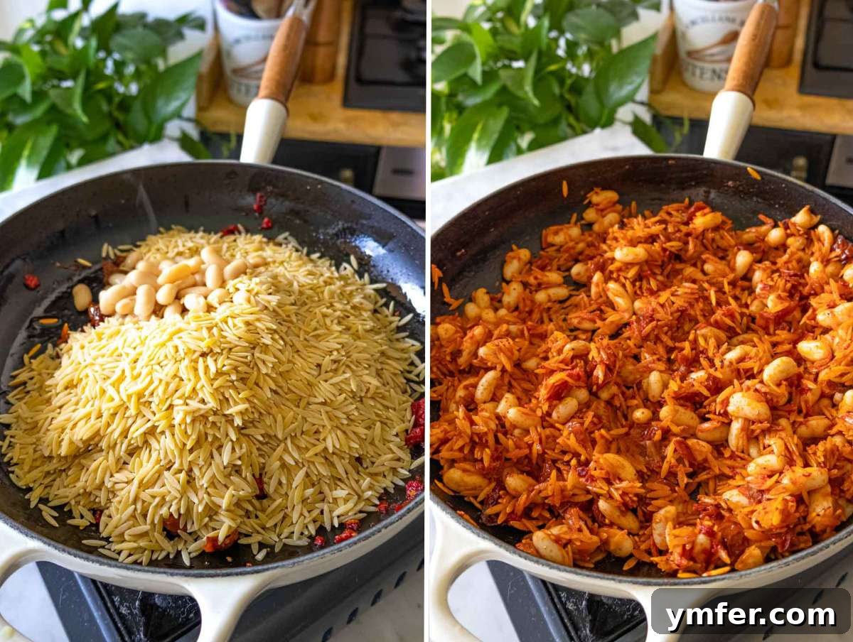 Say Yes To This Orzo 6 Dry orzo pasta, cannellini beans, and chopped sun-dried tomatoes being sautéed together in a skillet, absorbing the rich flavor base.