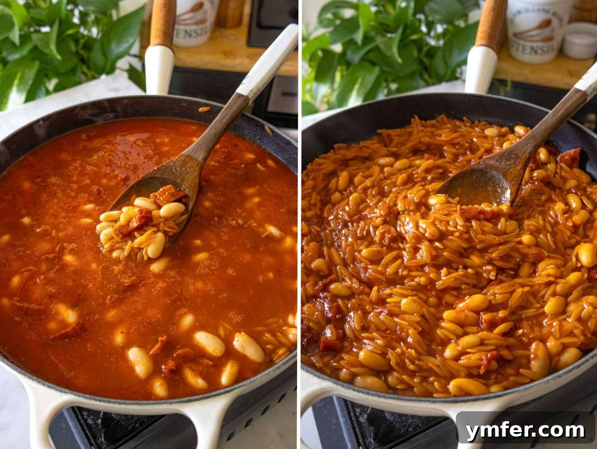 Say Yes To This Orzo 7 Orzo pasta simmering in a flavorful vegetable broth in a skillet, partially absorbed and stirred with a wooden spoon, reaching perfect tenderness.