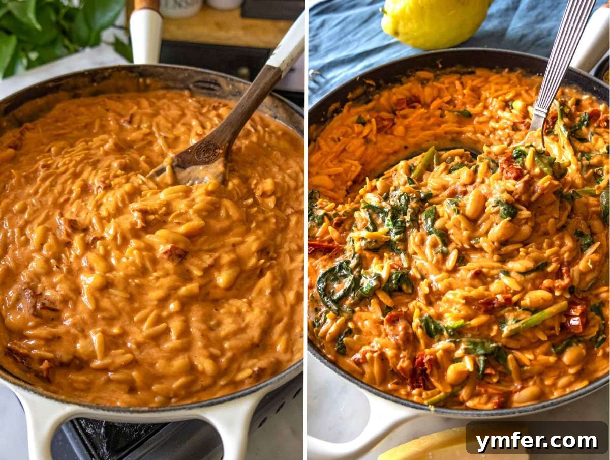 Say Yes To This Orzo 8 Fresh spinach wilting into a rich, creamy orzo mixture with melting Parmesan cheese in a skillet, creating a luxurious sauce.