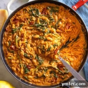 Creamy Marry Me Orzo in a skillet with a serving spoon, highlighting a cozy and inviting dinner.