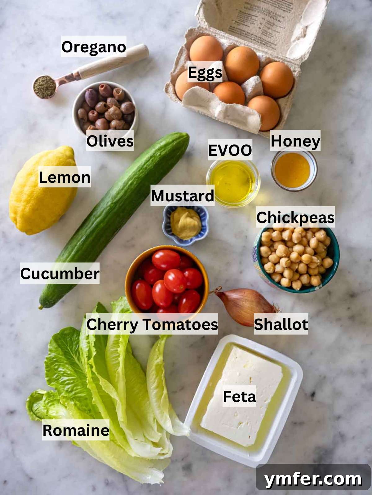 Vibrant Mediterranean Bowl 4 Arrangement of fresh ingredients for Mediterranean chopped salad, including crisp lettuce, chickpeas, hard-boiled eggs, and small bowls of dressing components.