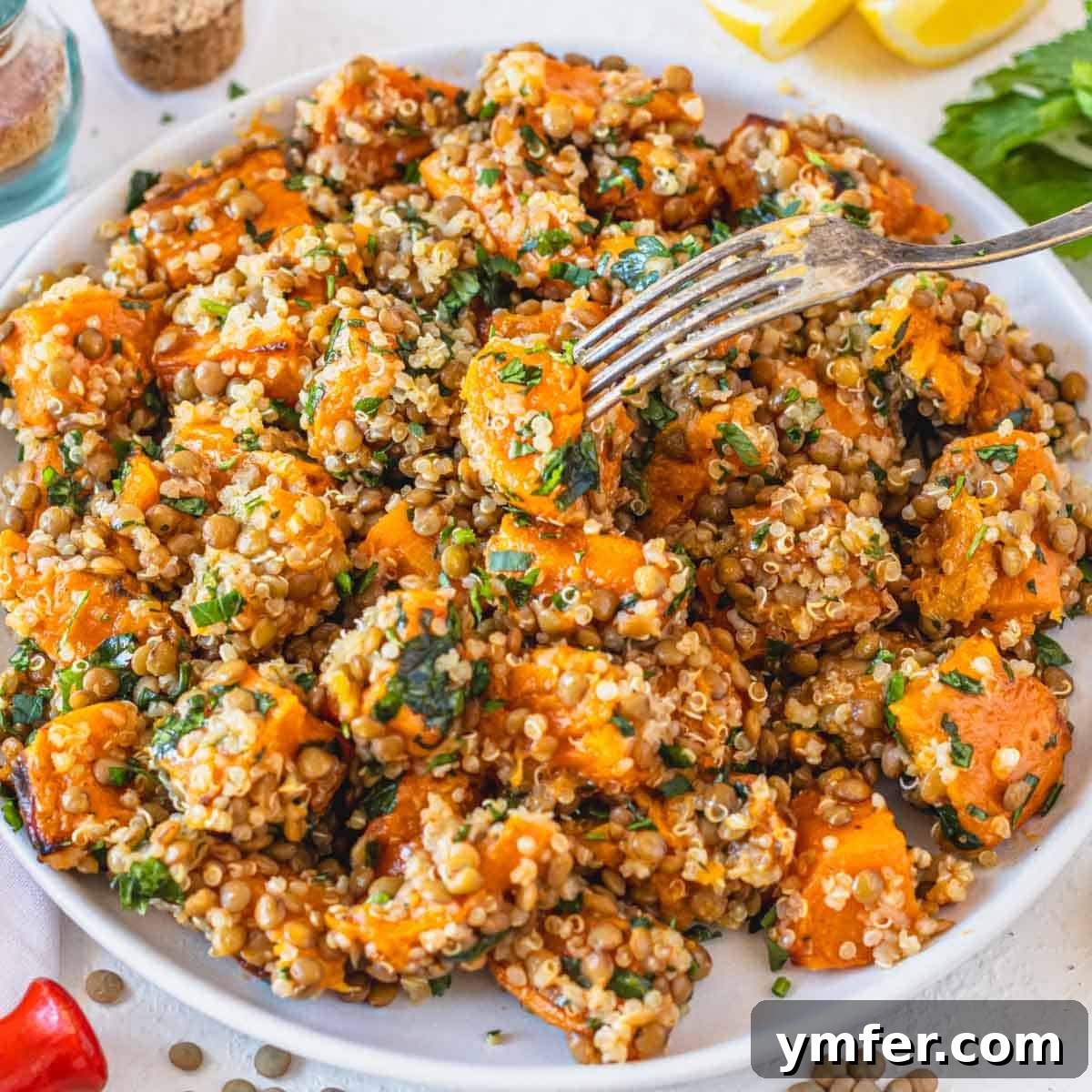 Strong & Satisfying: 21 High-Protein Salad Recipes 9 lentil quinoa salad on a plate with a fork and fresh parsley