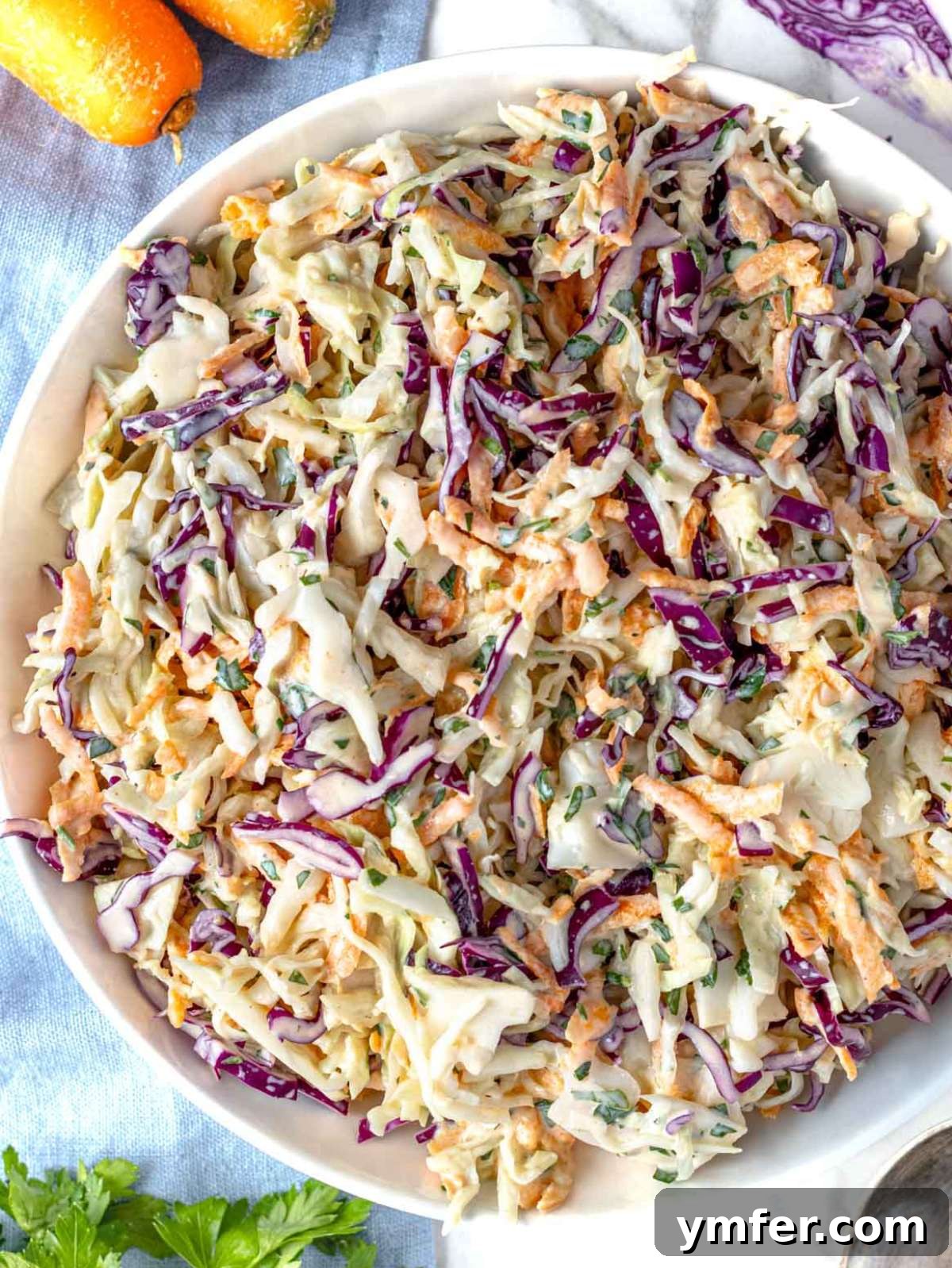 Wholesome & Creamy Greek Yogurt Coleslaw 2 Healthy coleslaw with Greek yogurt served in a bowl with parsley and colorful veggies. A light, fresh side dish perfect for any meal.