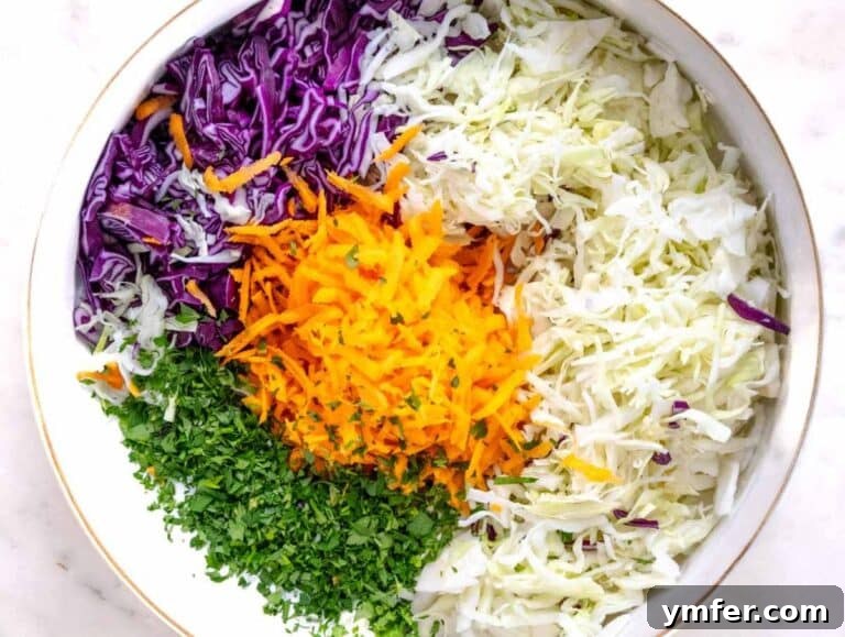 Wholesome & Creamy Greek Yogurt Coleslaw 11 Step 2 Mixing shredded cabbage, grated carrots, and chopped parsley in a large bowl.