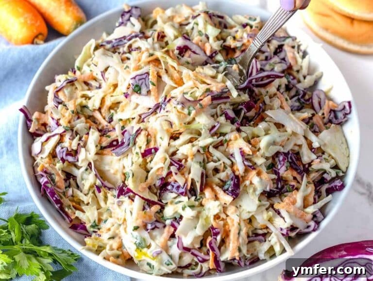 Wholesome & Creamy Greek Yogurt Coleslaw 13 Step 4 Chilled coleslaw served in a bowl ready to enjoy as a summer side dish.