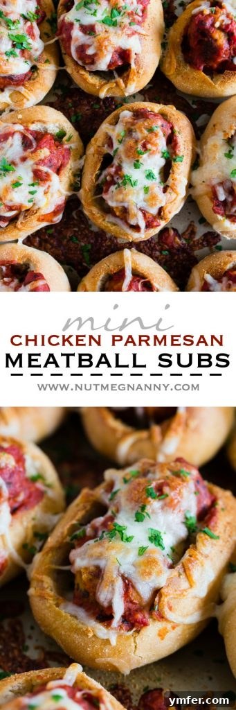 Cheesy Chicken Parm Meatball Sliders 7 Long pin image for Pinterest featuring Mini Chicken Parmesan Meatball Subs with text overlay for easy sharing and discovery.