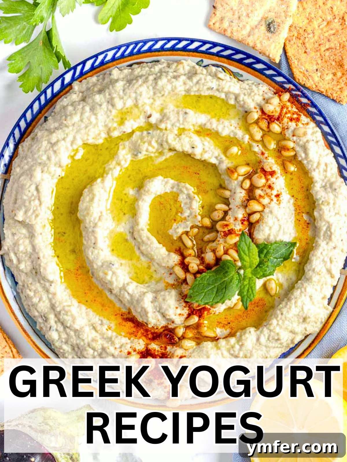 19 Brilliant Greek Yogurt Recipes for Lunch Dinner and Dessert 2 Greek yogurt recipes with eggplant dip and crackers, highlighting the versatility of Greek yogurt.