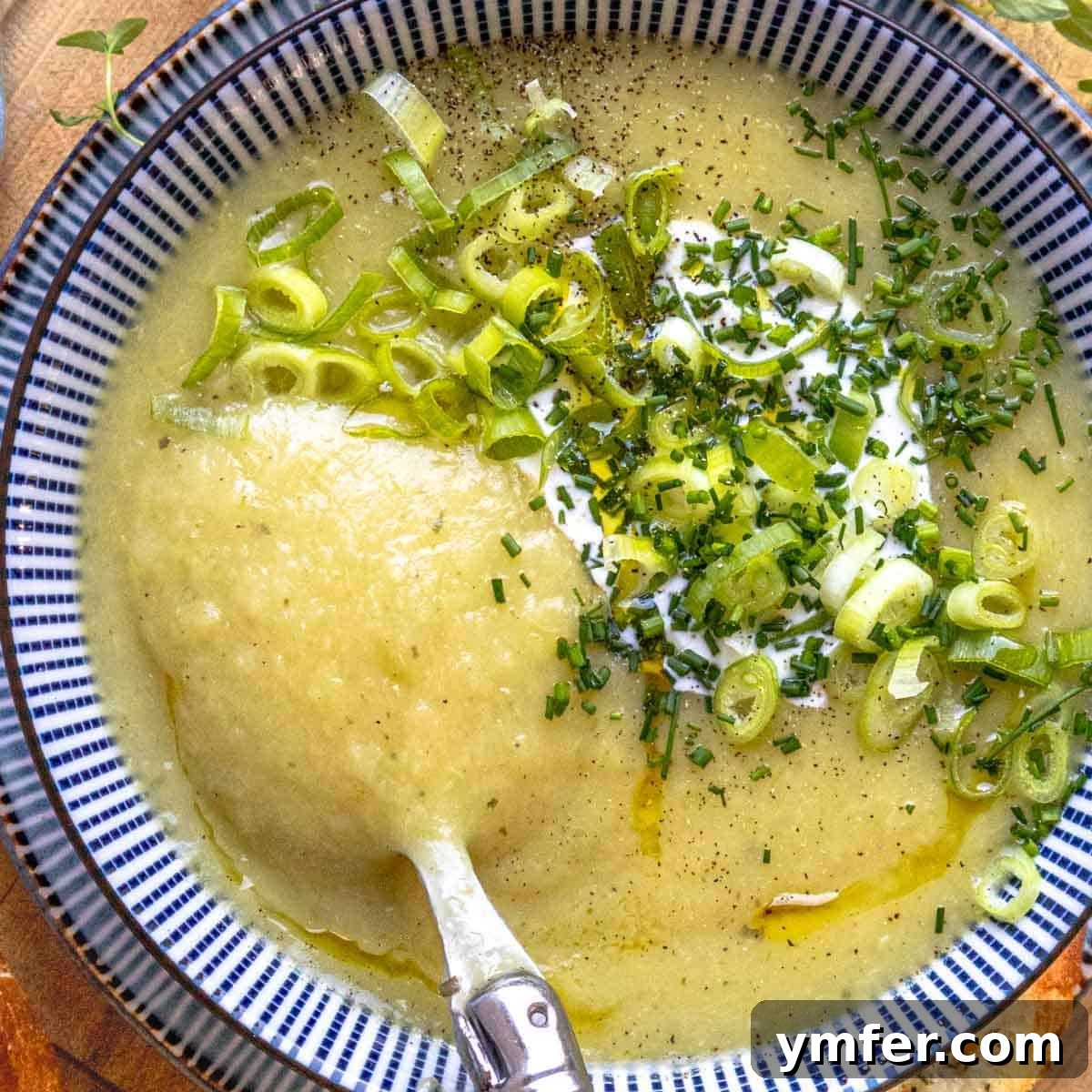 19 Brilliant Greek Yogurt Recipes for Lunch Dinner and Dessert 15 Creamy potato leek soup with chives and a spoon, a comforting Greek yogurt recipe.