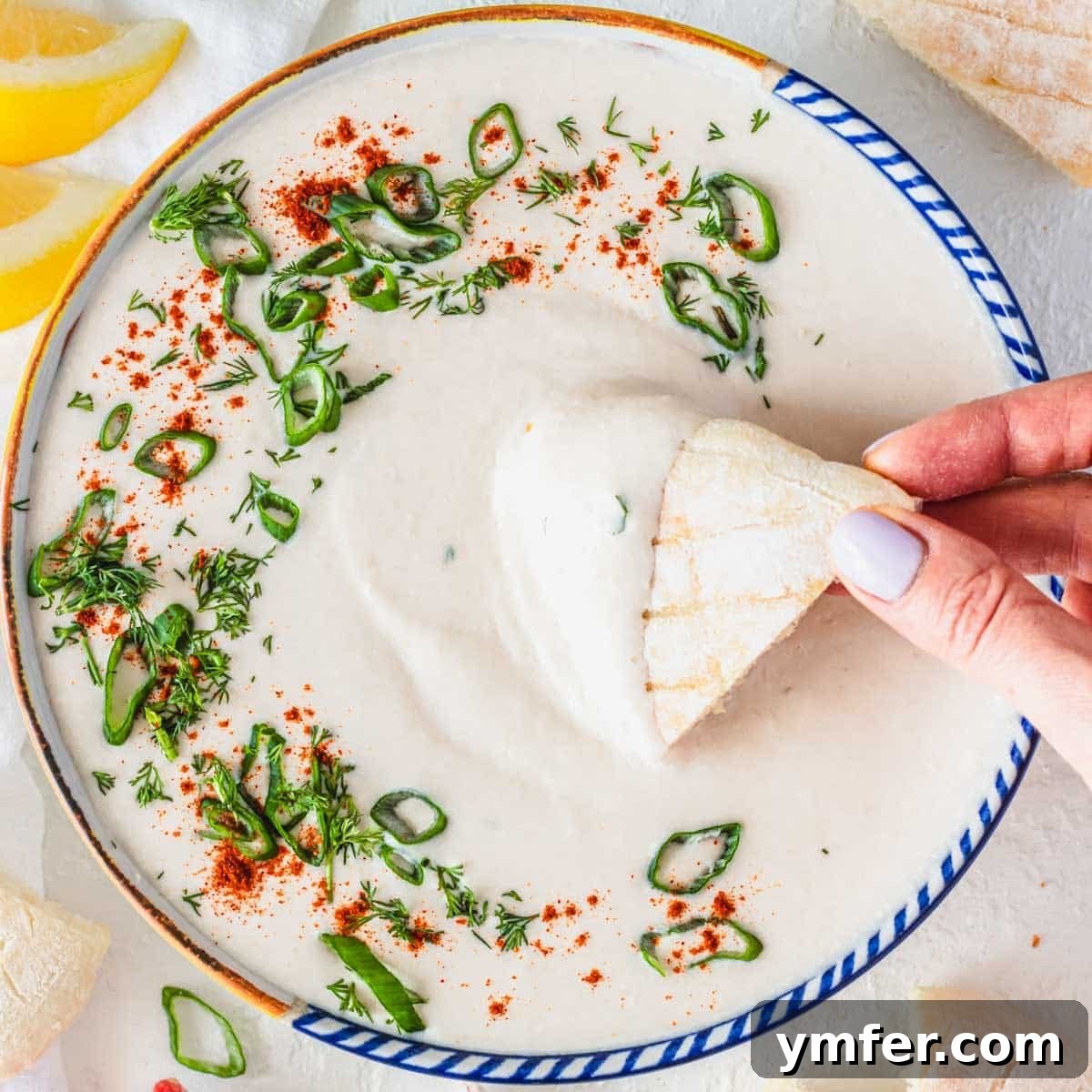 19 Brilliant Greek Yogurt Recipes for Lunch Dinner and Dessert 10 Creamy white bean dip with a female hand holding a pita, a versatile Greek yogurt recipe.
