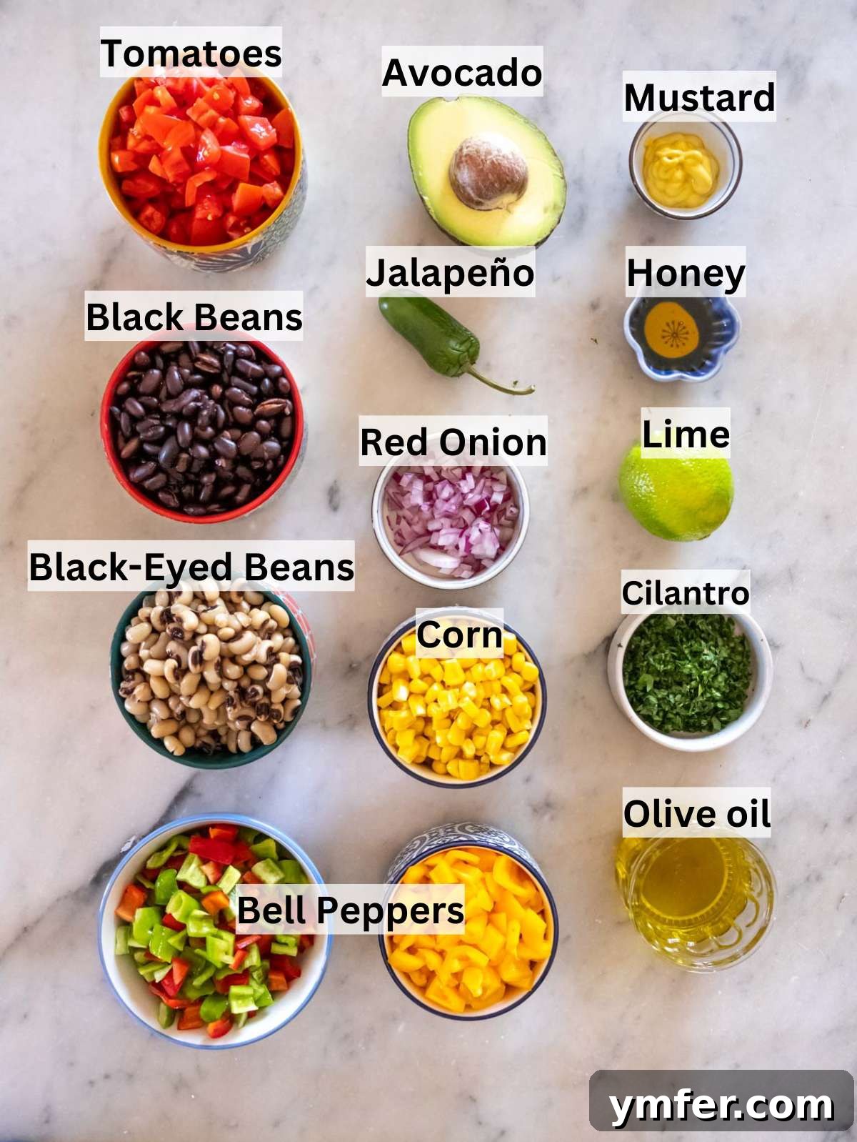 Southwestern Marinated Bean Medley 4 Fresh ingredients for Cowboy Caviar including beans corn peppers tomatoes onion cilantro and avocado.