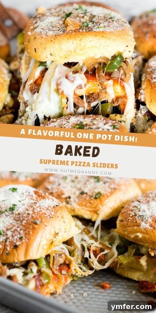 A beautifully arranged pin graphic for Pinterest featuring Baked Supreme Pizza Sliders, enticing viewers to save the recipe.