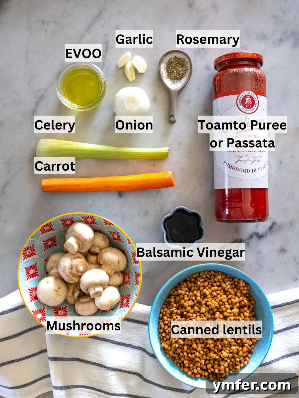 Speedy Lentil Bolognese Dinner in Half an Hour 4 Ingredients for easy lentil bolognese laid out, including canned lentils, fresh vegetables, and tomato puree.