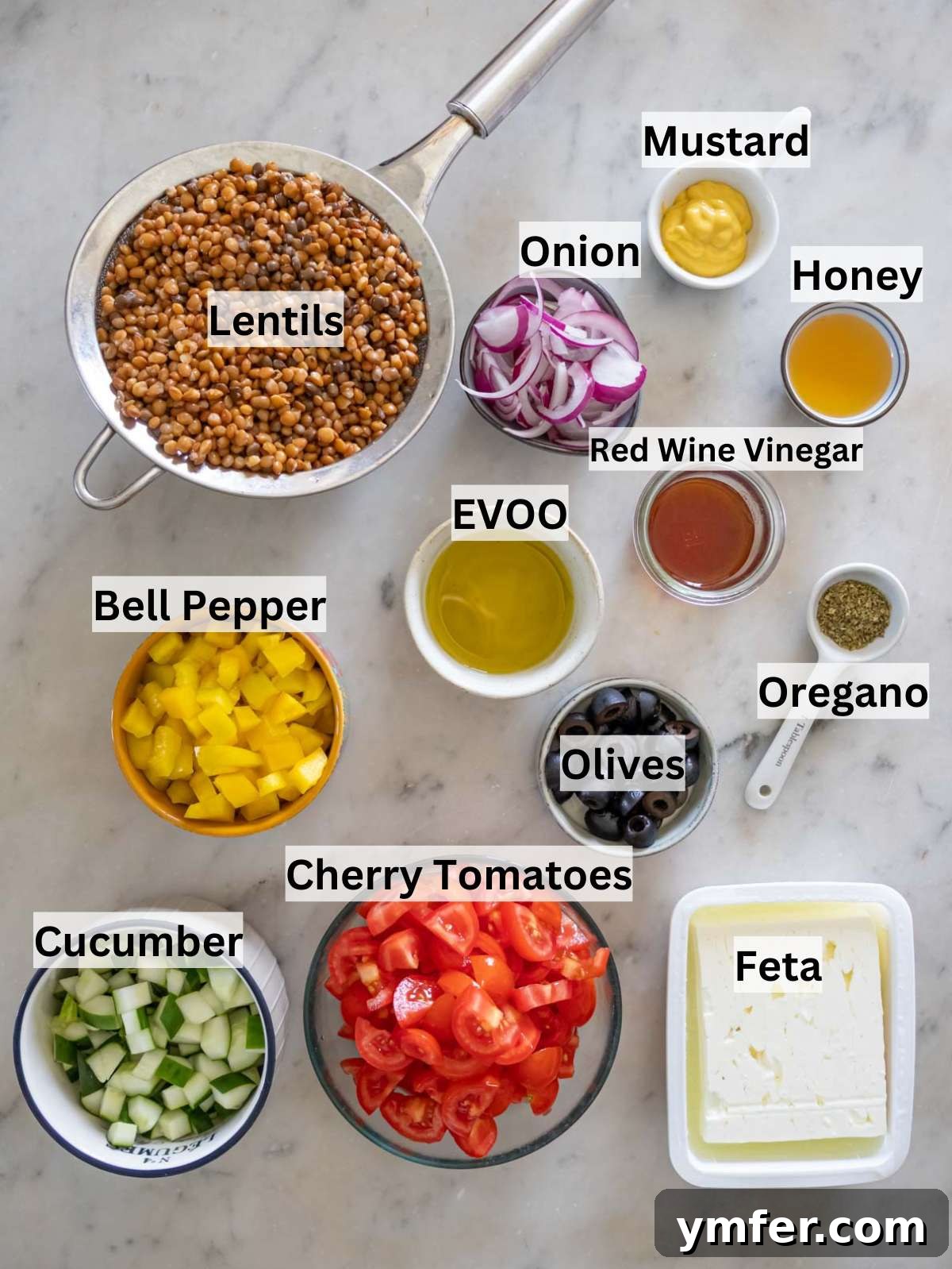 Greek Lentil Salad with a Zesty Marinade Dressing 4 Ingredients for Greek lentil salad arranged on a table with vegetables feta and olives.