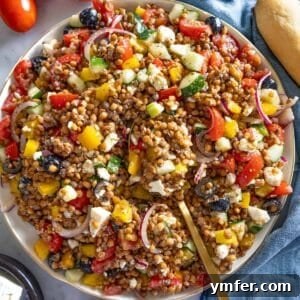 Greek Lentil Salad with a Zesty Marinade Dressing 9 Fresh Greek lentil salad with feta cucumber tomatoes and olives served on a platter.
