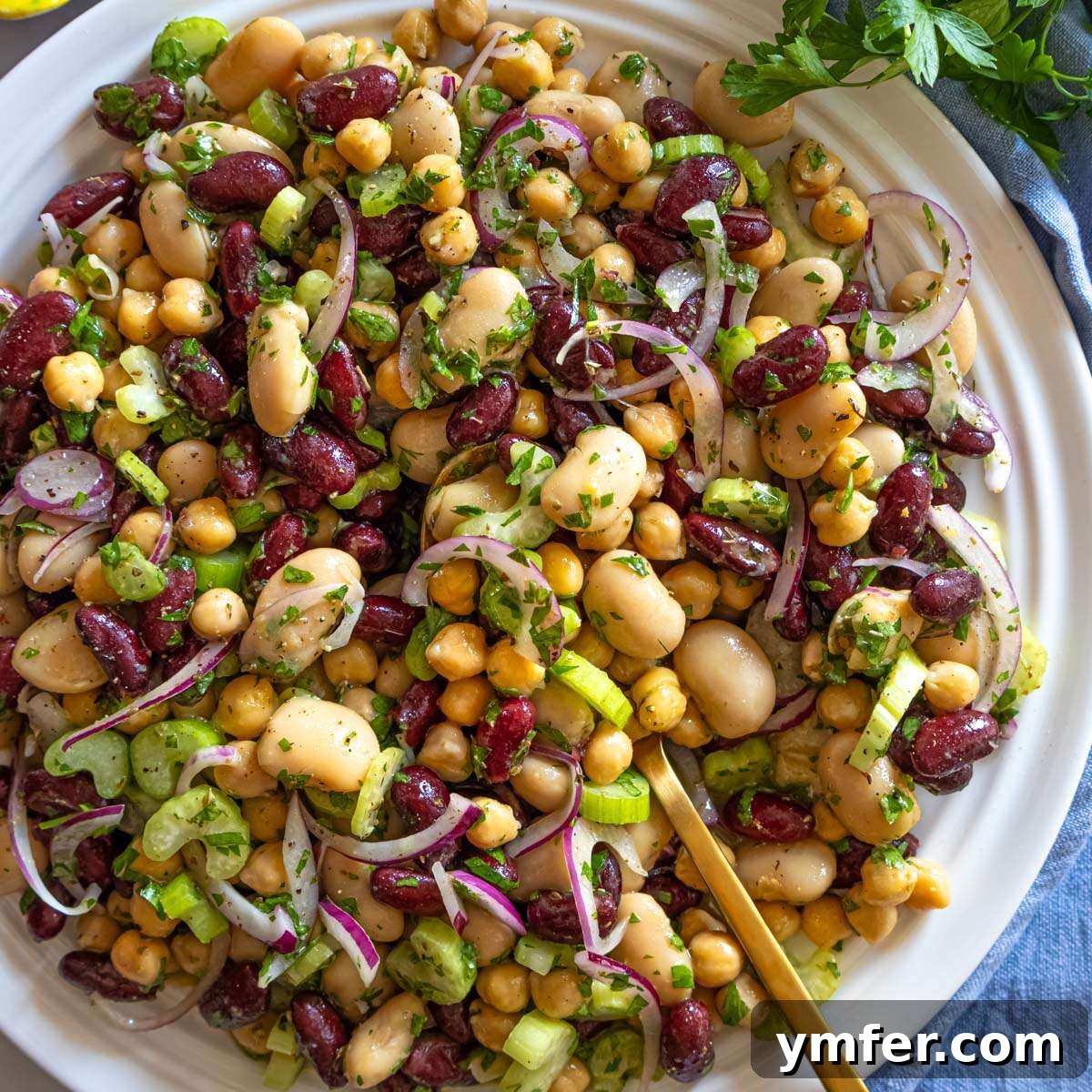 Boost Your Gut: 25+ Fiber-Packed Meals for Digestive Health 6 Healthy 3 bean salad recipe on a white platter with fresh parsley and celery.