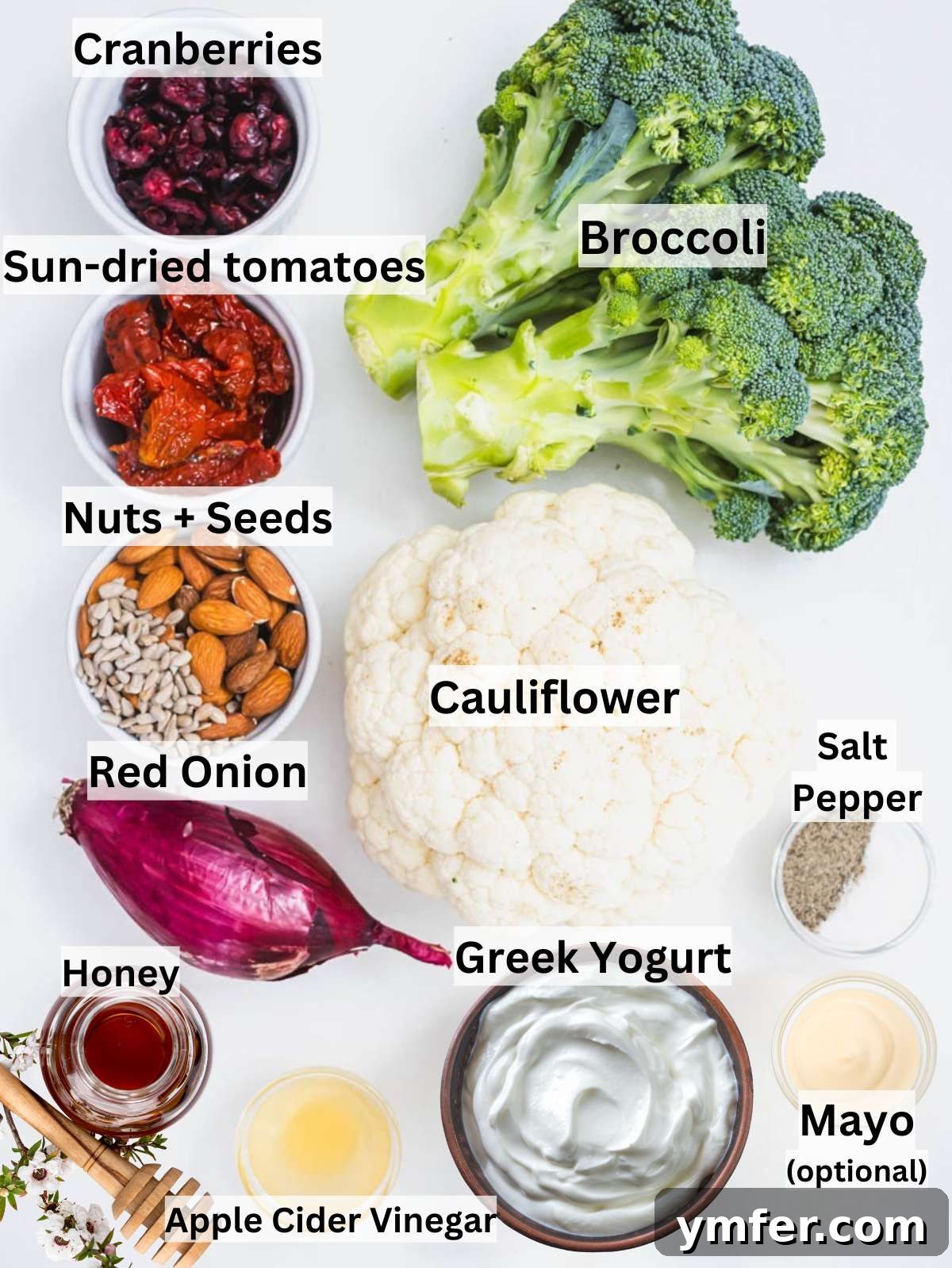 Creamy Broccoli Cauliflower Salad with Tangy Greek Yogurt 4 Fresh ingredients for healthy broccoli cauliflower salad with Greek yogurt dressing beautifully arranged on a rustic wooden table.