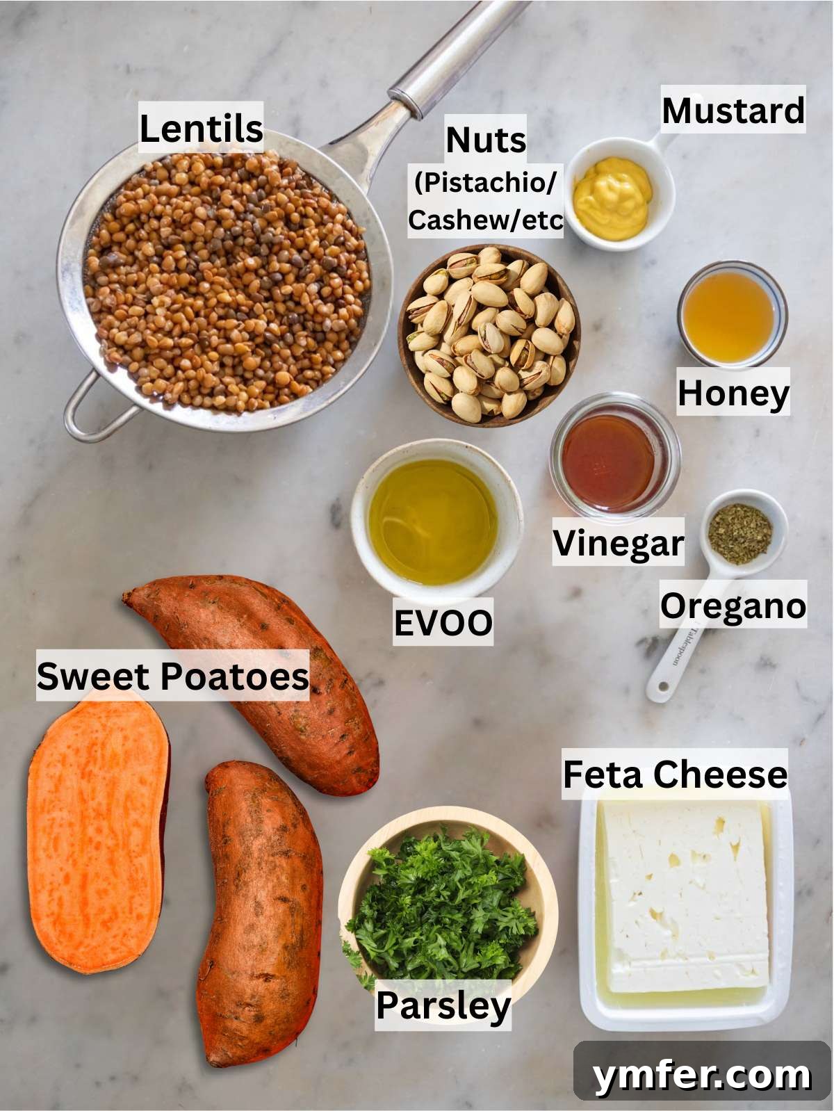 Ingredients for lentil sweet potato salad with feta parsley pistachios and olive oil.