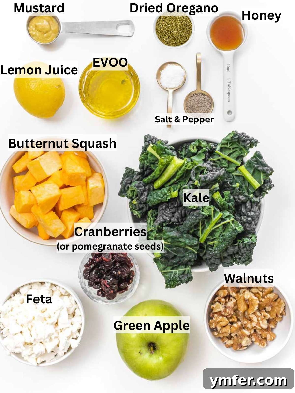 Nourishing Butternut Squash Kale Salad 3 Ingredients for butternut squash kale salad with apple walnuts feta and homemade dressing arranged neatly.