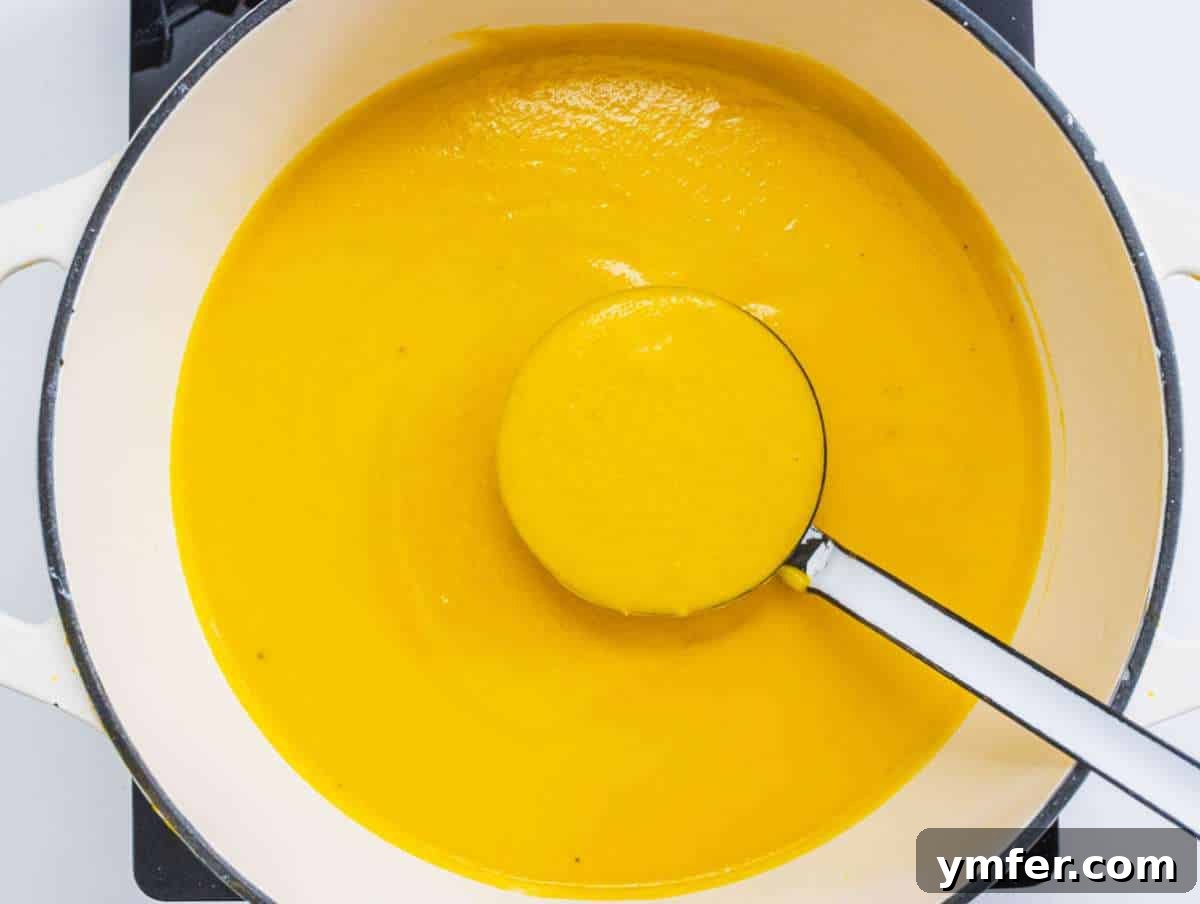Nourishing Creamy Coconut Pumpkin Soup for Fall 8 Step 4 Roasted pumpkin, creamy coconut milk, and savory broth expertly blended together into a luscious, smooth soup, ready for the final touches.