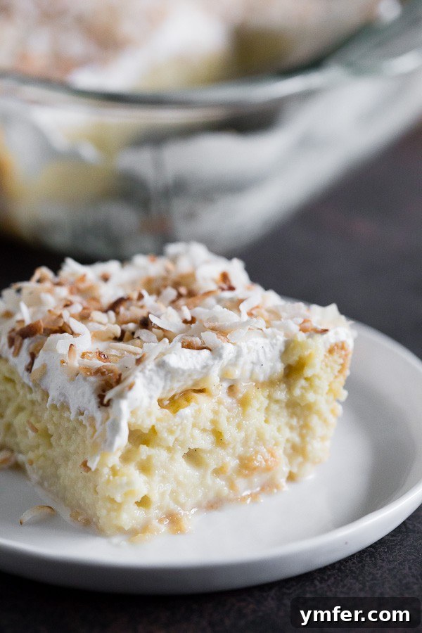 Coconut Cloud Tres Leches 2 Toasted Coconut Tres Leches Cake sliced on a small white plate, showcasing its moist texture and toasted coconut topping.