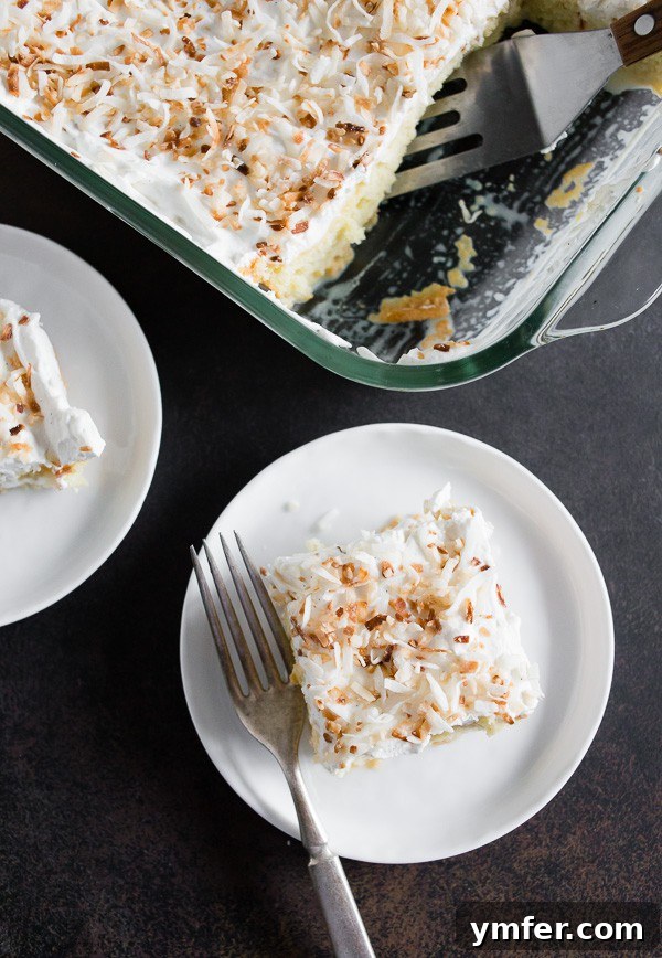 Coconut Cloud Tres Leches 5 A collection of Toasted Coconut Tres Leches Cake images: two slices on plates and the whole cake in a pan.