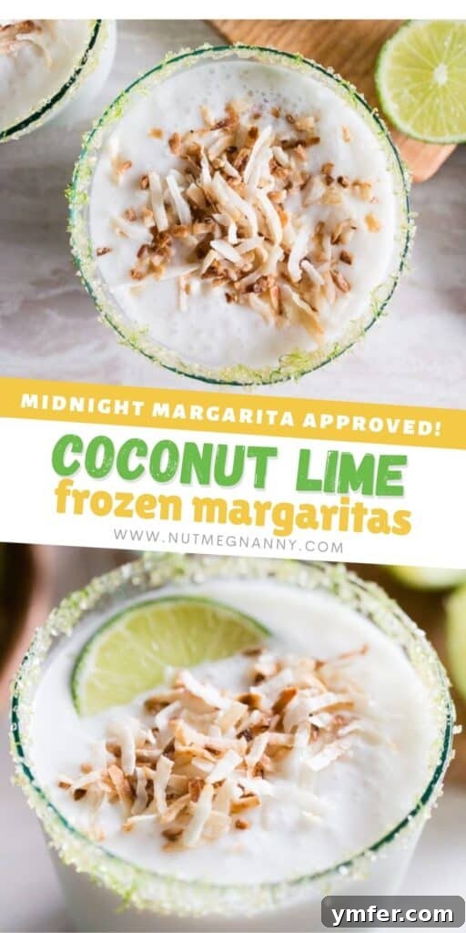 Tropical Coconut Lime Margarita Frost 7 A visual cue for saving the coconut lime frozen margarita recipe on Pinterest, showcasing the drink with toasted coconut and lime.