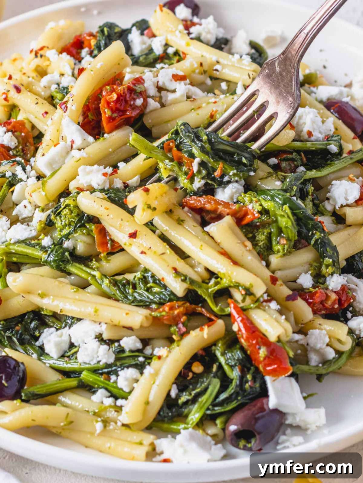 Coastal Greek Pasta Dinner 2 Close up of Mediterranean pasta with broccoli rabe olives and feta in a white bowl.