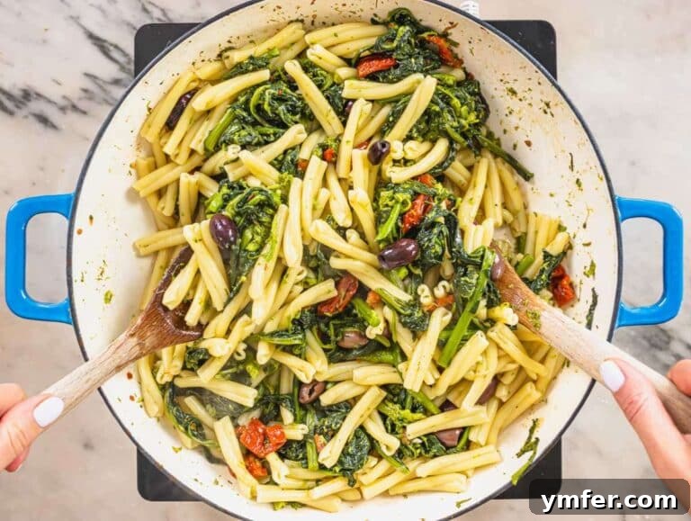 Coastal Greek Pasta Dinner 11 Step 3 Cooked pasta tossed with broccoli rabe olives and sun-dried tomatoes.