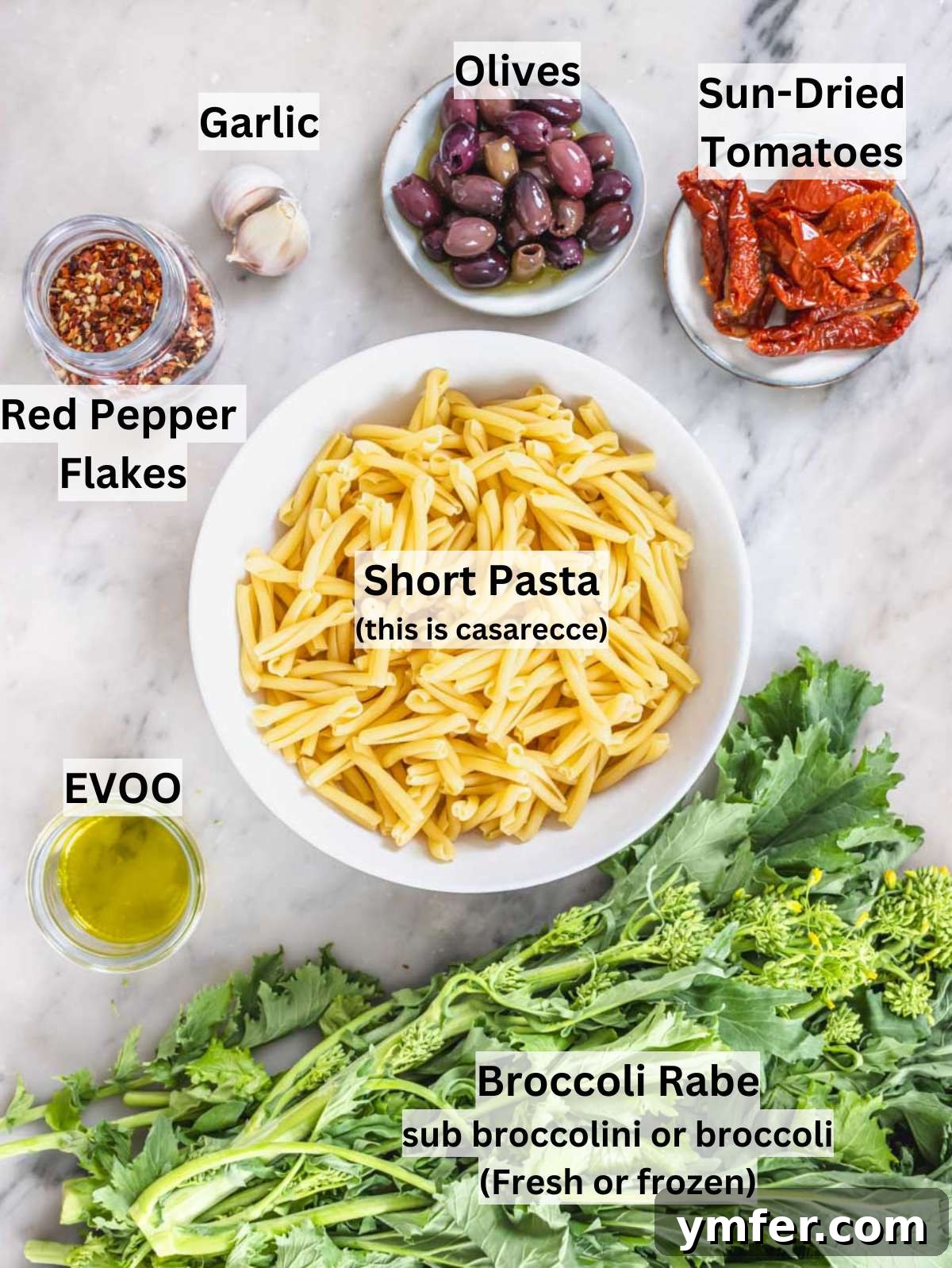 Coastal Greek Pasta Dinner 3 Fresh ingredients for Mediterranean pasta including broccoli rabe olives sun-dried tomatoes and feta cheese.