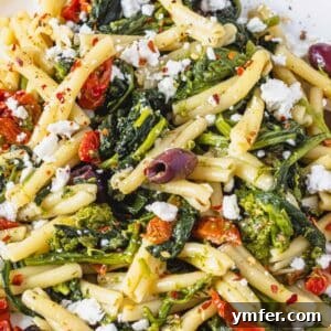 Coastal Greek Pasta Dinner 8 Mediterranean pasta with broccoli rabe and feta up close.