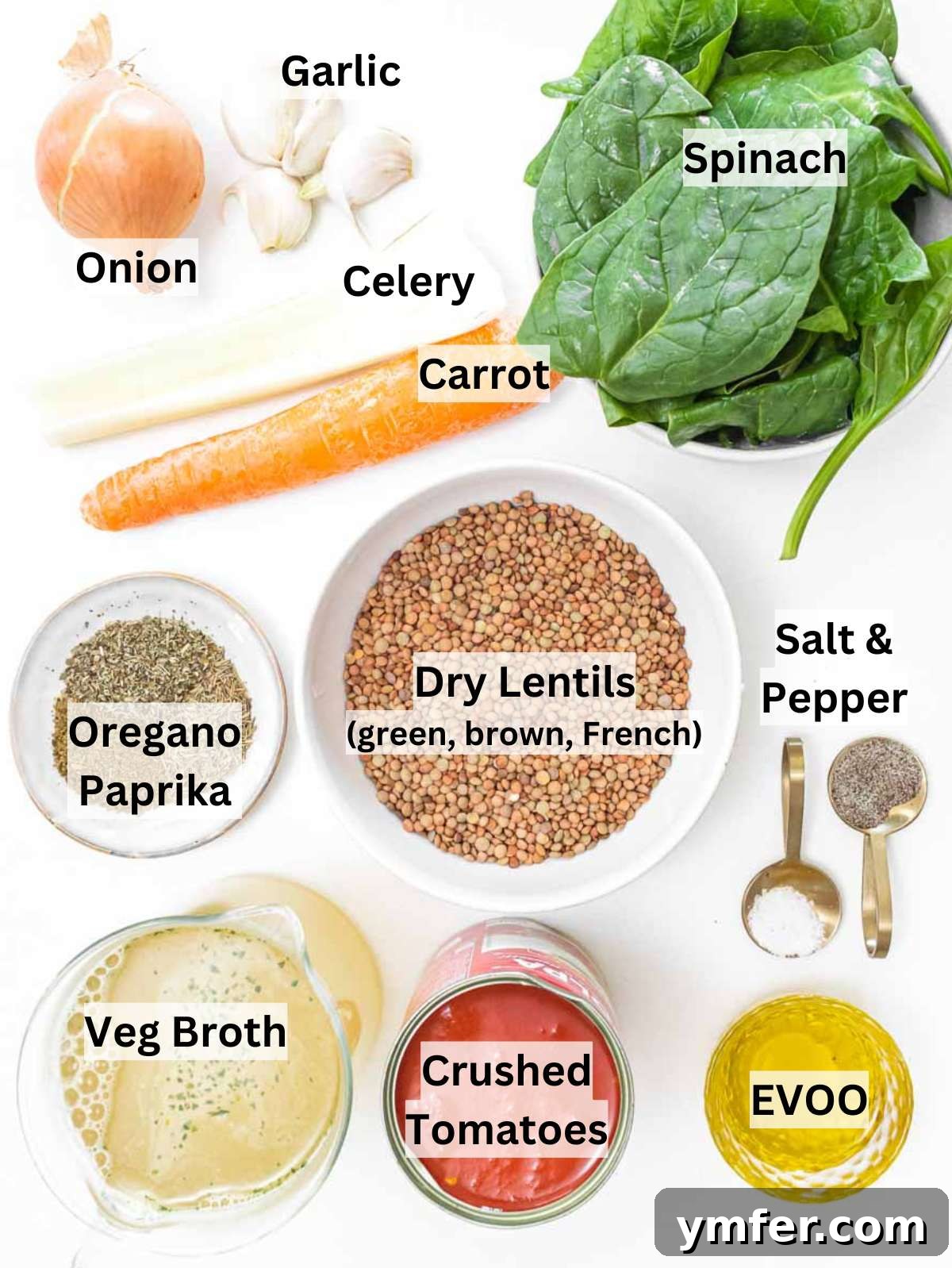 Nourishing Spinach Lentil Soup Easy Dinner 3 Fresh ingredients for spinach lentil soup including lentils, vibrant spinach, ripe tomatoes, and aromatic vegetables on a cutting board.