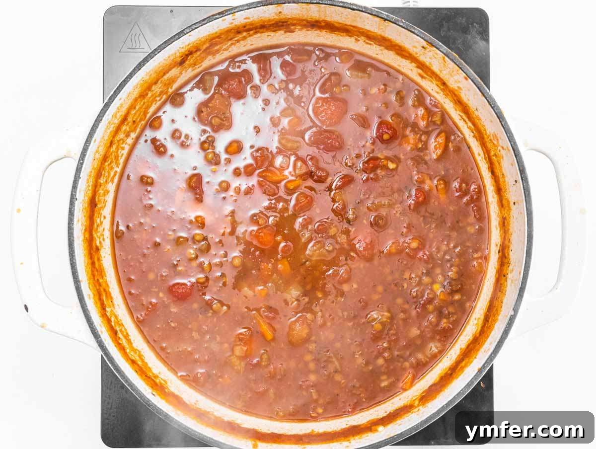 Nourishing Spinach Lentil Soup Easy Dinner 5 Step 2 Adding rinsed lentils, crushed tomatoes, and vegetable broth to the pot for simmering, ready to absorb flavors.