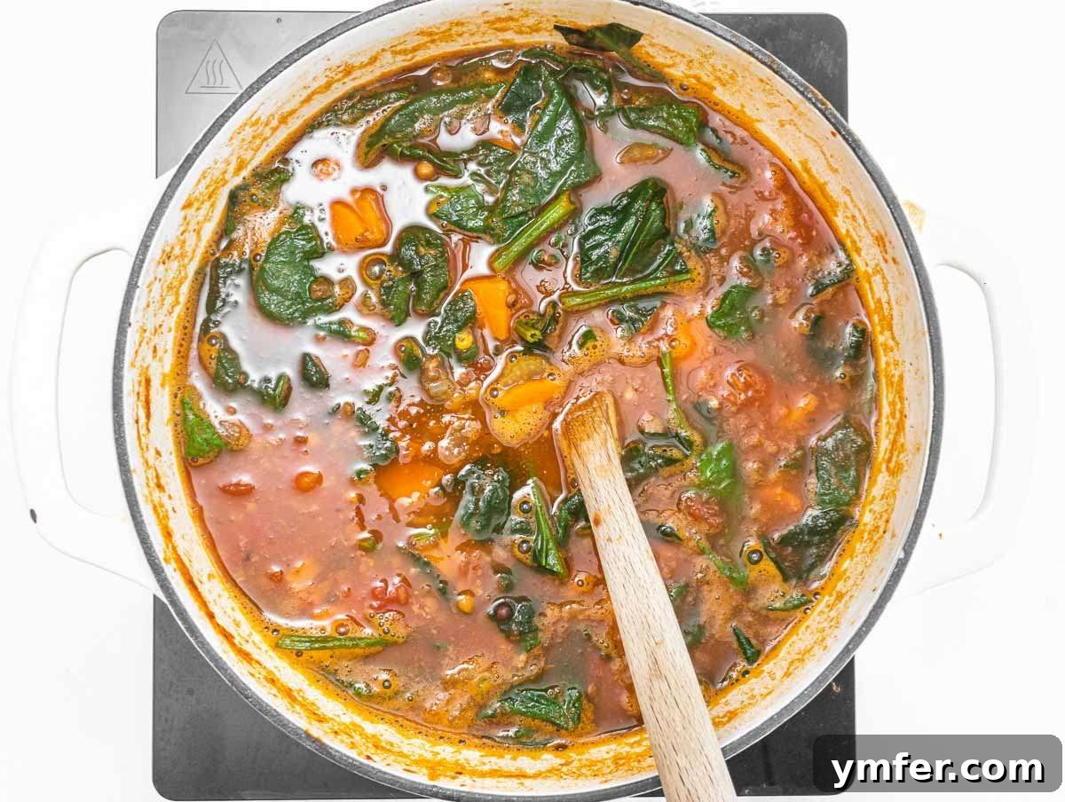 Nourishing Spinach Lentil Soup Easy Dinner 6 Step 3 Stirring fresh spinach into the simmering soup until wilted, adding vibrant color and nutrients.