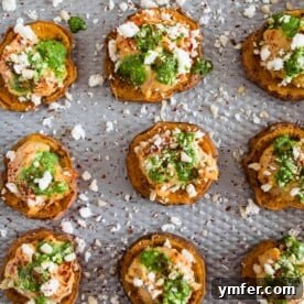 Pesto Hummus Sweet Potato Bites on a small plate, garnished.