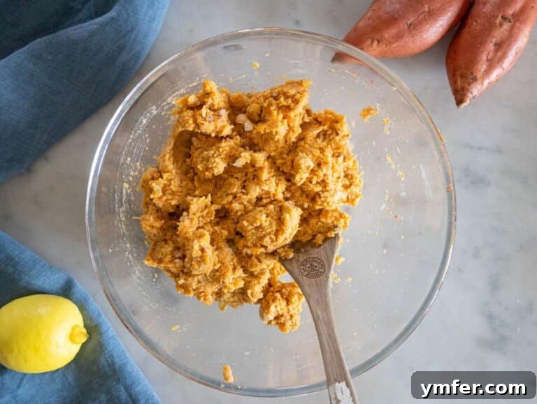 Simple Wholesome Chickpea Sweet Potato Patties 11 Step 2 – Adding onion, garlic, parmesan, and spices to mashed chickpea sweet potato mixture.