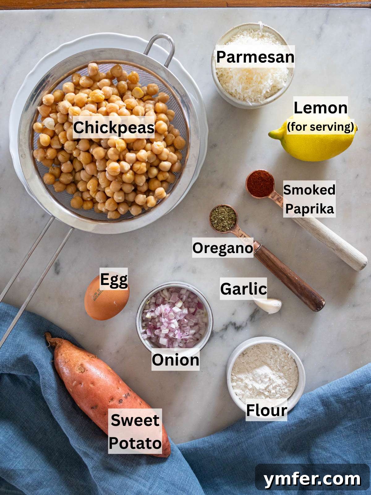 Simple Wholesome Chickpea Sweet Potato Patties 3 Fresh ingredients laid out: chickpeas, sweet potato, flour, egg, parmesan, onion, and spices, ready for making patties.