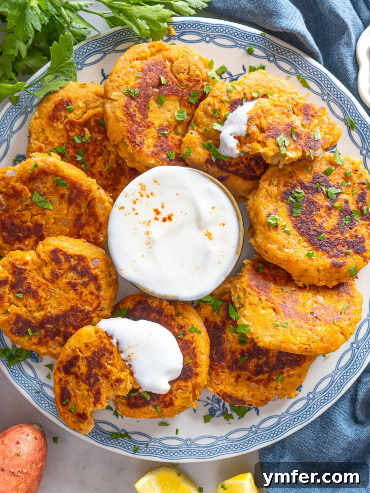 Simple Wholesome Chickpea Sweet Potato Patties 4 Top-down view of a plate featuring golden-brown chickpea sweet potato patties, elegantly served with a dollop of creamy yogurt and a side of fresh, crisp salad.