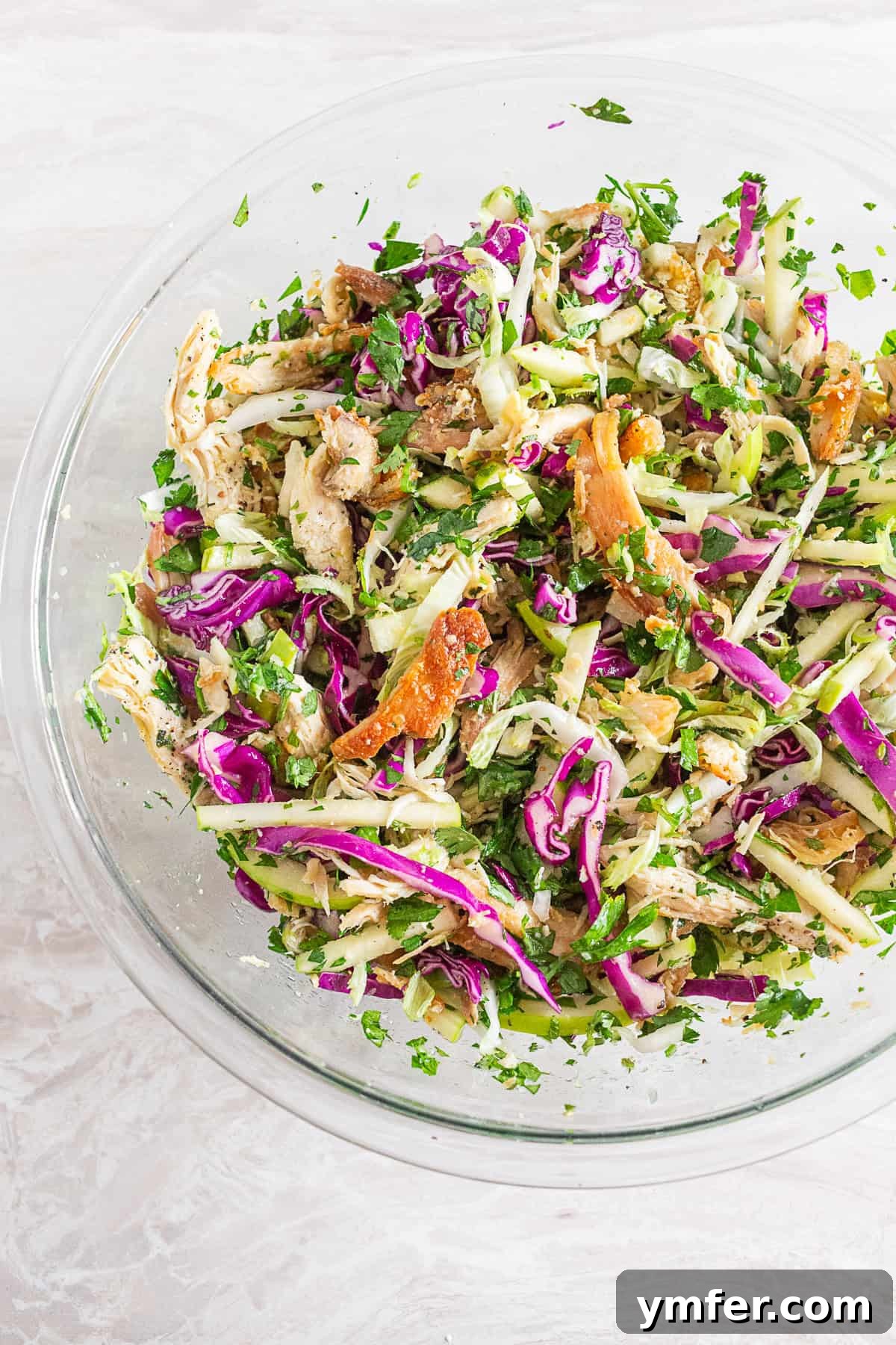 Vibrant Crispy Chicken Slaw 2 Crispy Chicken Cabbage Salad in a large mixing bowl, showcasing vibrant colors and fresh ingredients.