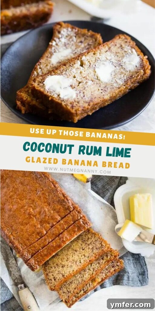 Island Escape Banana Bread with Coconut Rum and Zesty Lime Glaze 7 Coconut Rum Lime Glazed Banana Bread pin for Pinterest. A vertical image designed for social sharing, featuring a beautifully glazed slice of banana bread.