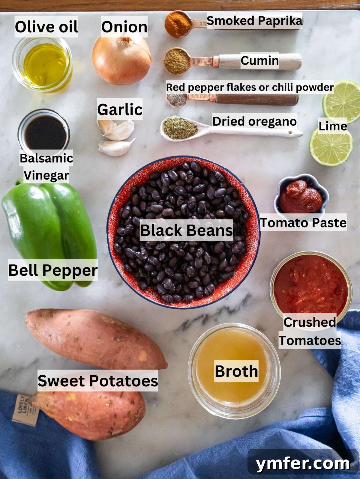 Quick, Healthy Black Bean Chili 3 Fresh ingredients for black bean chili including sweet potatoes, beans, tomatoes, and spices.