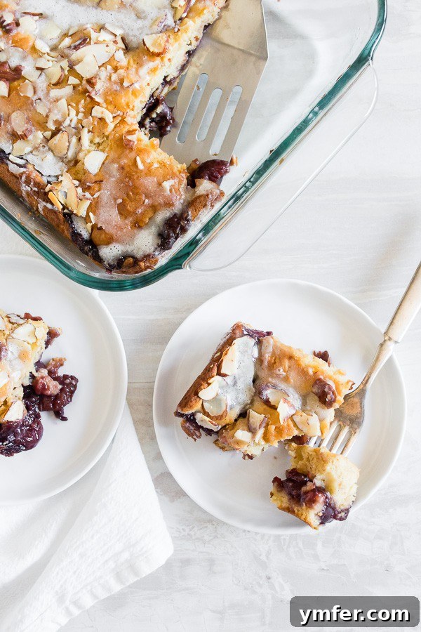 Old-Fashioned Cherry Fritter Cake 3 Cherry Fritter Cake in a 9x9 dish and 2 slices on white plates.