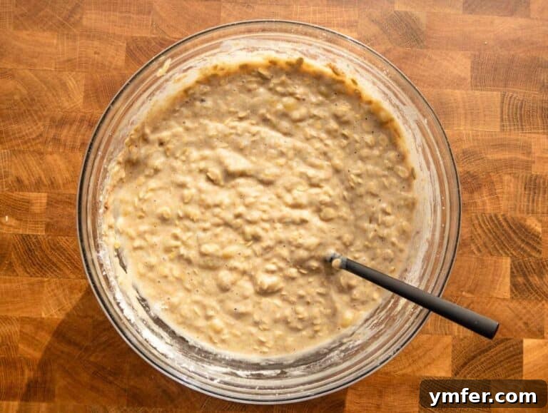 Step 2 Rolled oats flour baking powder and baking soda mixed into the wet ingredients.