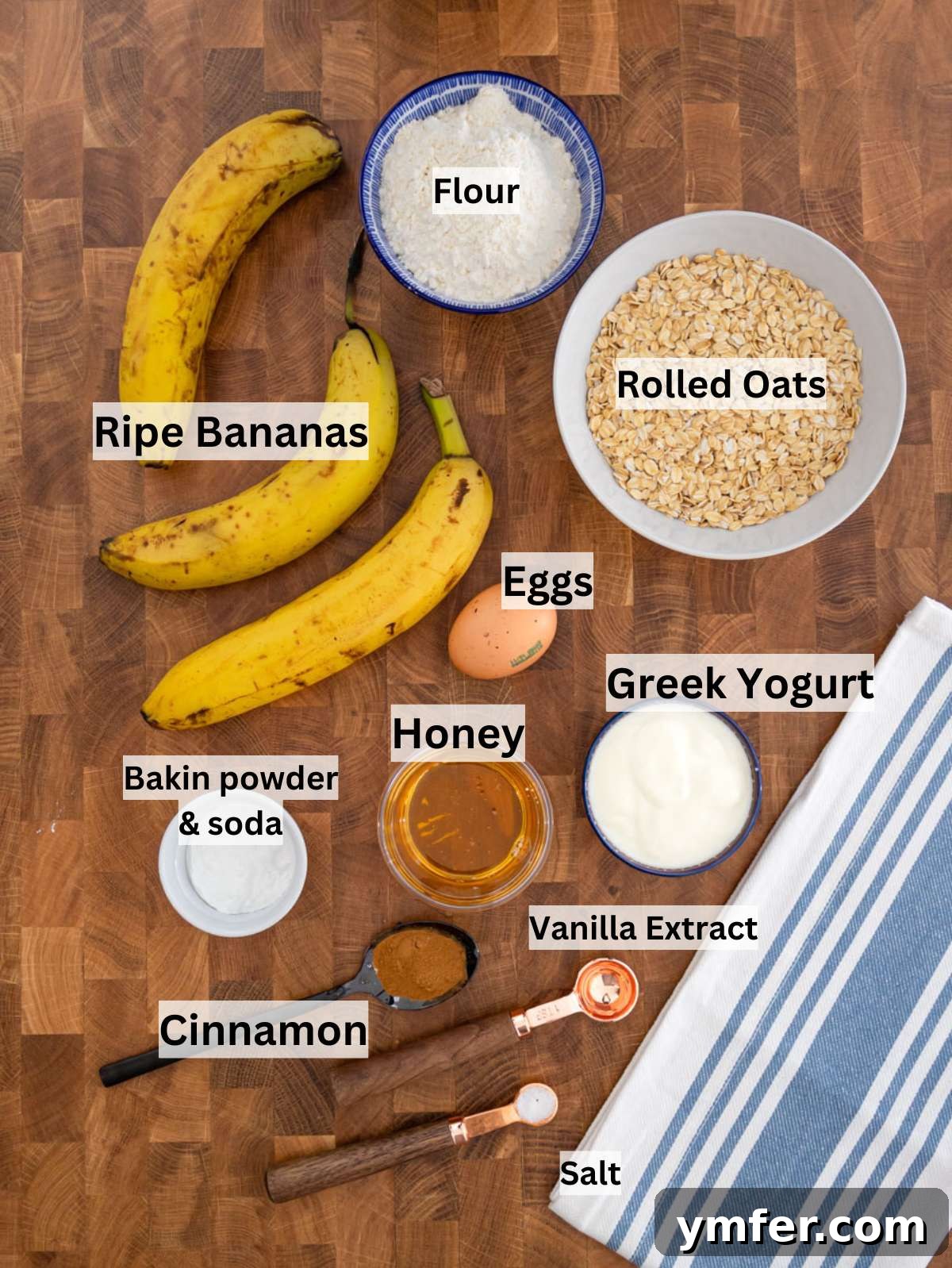 Wholesome Oil-Free Banana Oat Muffins 3 Baking ingredients for banana oatmeal muffins including bananas oats yogurt honey and flour.